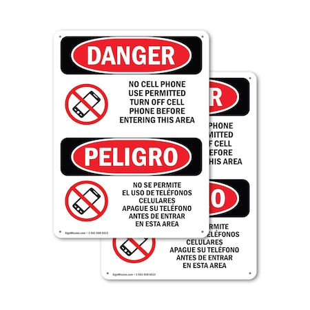 Signmission No Cell Phone Use In Area Bilingual, 18 in W x Rectangle, Plastic OS-2PACK-DS-P-1824-VS-1736